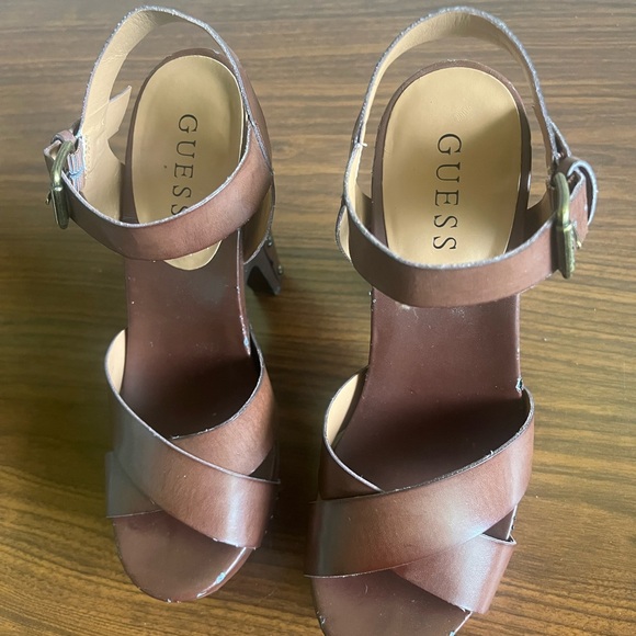 Guess Brown Leather Wooden Heels - Picture 3 of 7
